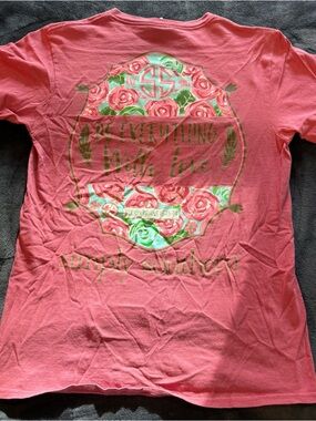 Simply Southern Coral Tee with Gold Lettering and Floral Emblem